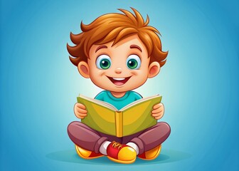 Cute Cartoon Child Reading Cross-Legged PNG Stock Photo