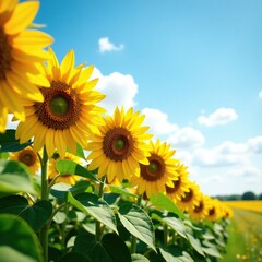 Fototapeta premium Row of tall sunflowers stretching towards the sky, fields, optimism, morning