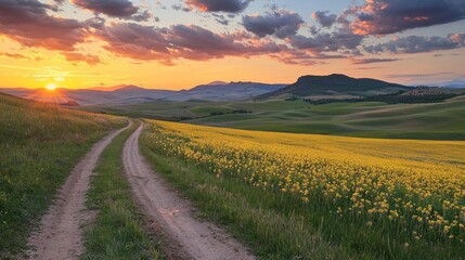 Fototapeta premium Sunset over Rolling Hills and Yellow Flowers
