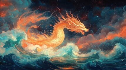 Fiery dragon surging through ocean waves in vibrant fantasy art. Chinese New Year
