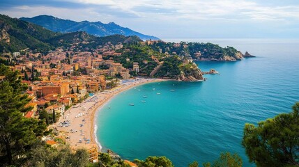 Fototapeta premium Coastal Town Nestled in Mountains: A Breathtaking View