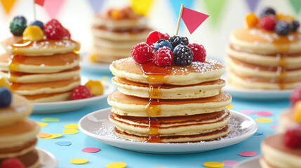 Colorful Pancake Festival Display with Stacked Pancakes and Fresh Berries