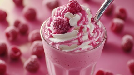 Raspberry milkshake with a reusable eco-friendly metal straw. Close up view.