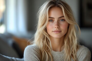 Fototapeta premium beauty portrait of young blonde woman relaxing on modern gray sofa at home, natural daylight streaming through window, casual weekend photoshoot setting