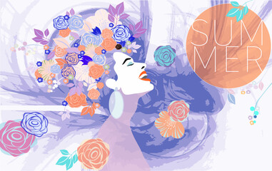 Colorful Collage Depicting Woman and Floral Patterns Highlighting Summer Imagery
