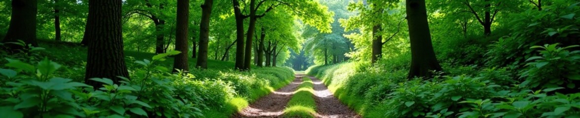 Fototapeta premium Dense foliage surrounds a tranquil forest path, natural scenery, trees, woodsy ambiance