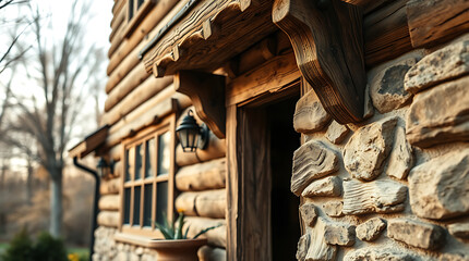 Fototapeta premium Close-up view of a log cabin exterior, showcasing a wooden door with an intricately carved wooden overhang, a stone foundation, and a window with wooden frame. Warm, earthy tones dominate the image.