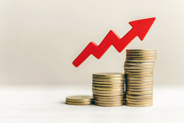 Stack of coins with rising arrow. Concept of growth upward economy
