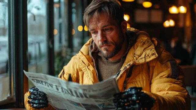 A man wearing a yellow coat sits comfortably in a cafe, focused on reading a newspaper, surrounded by warm lighting and a winter atmosphere.