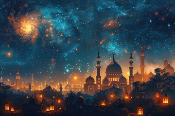 Celestial Night Illuminates Mosque Cityscape