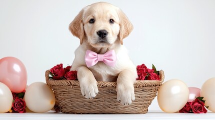 Dog in a Valentine&rsquo;s costume concept. Golden retriever puppy in a basket with flowers and balloons for a festive celebration