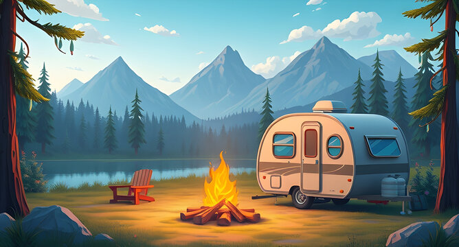 Cartoon camping. Summer nature scene with trailer tent and bonfire. Scenic forest panorama. Lake and mountain peaks scenery. Empty campsite in woodland meadow. Vector landscape background
for tourism 