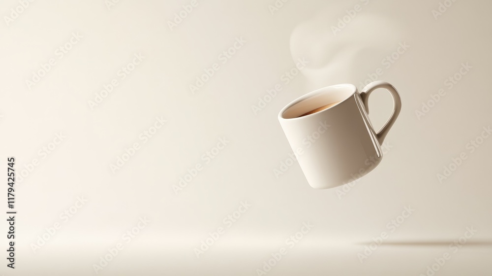Poster steaming white coffee mug levitates against a minimalist cream background, creating a surreal and ca