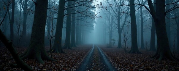 Fototapeta premium Dark forest path winding through trees with bare branches and misty fog, solitary trekking, atmospheric landscape, mysterious forest