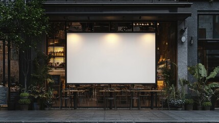 Blank Billboard Mockup: Modern Restaurant Exterior at Night