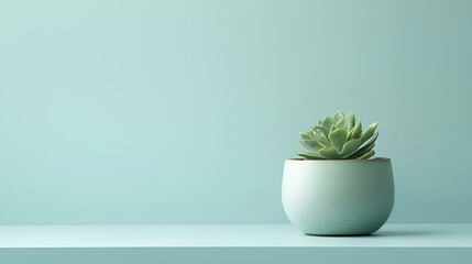 A small green plant is sitting in a white ceramic pot on a shelf