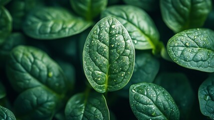 Obraz premium Spinach leaves with water droplets. Generative AI