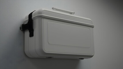 White briefcase wall-mounted studio, plain background, mockup, product presentation.