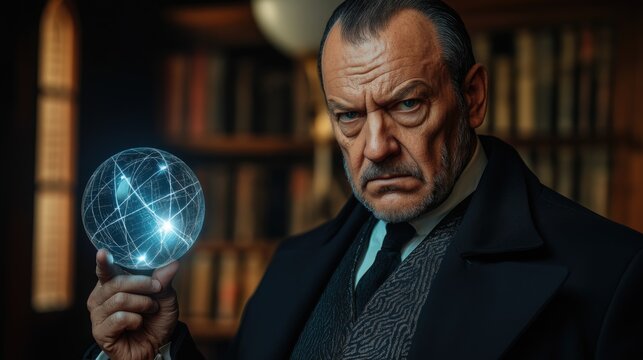 Elderly caucasian man holding glowing sphere in library room. The concept of mysticism, rituals, astrology, fortune-telling, shamanism, tarot, seers, clairvoyants