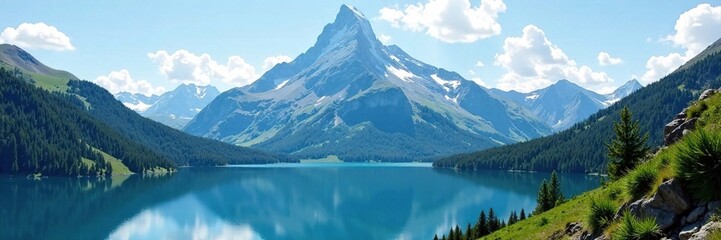 Majestic triangle mountain peak above serene blue lake, mountain, scenery