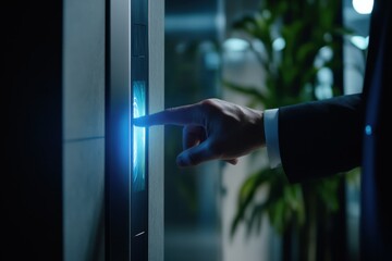 Technician Using Biometric Scanner in Modern Office Lobby with Soft Focus and Professional Lighting, Showcasing Advanced Technology and Innovative Design Elements