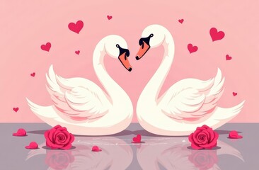 Fototapeta premium two white swans surrounded by flowers and hearts on the pink surface of the water, eternal love, Valentine's Day, postcard