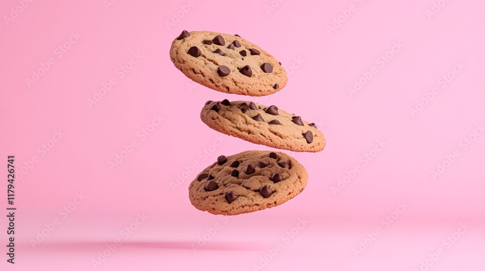 Poster three mouthwatering chocolate chip cookies levitating against a vibrant pink backdrop, creating a vi