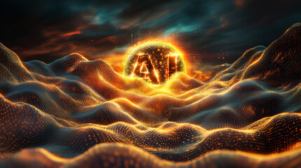 A glowing sphere sits atop a rolling, golden, digital landscape under a dramatic sunset sky.