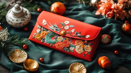 Elegant red clutch with embroidered floral and dragon design on festive setting. Chinese New Year