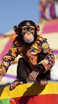 A monkey in a circus performer is outfit, performing under a colorful big top with space for text