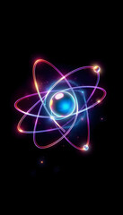 Glowing Neon Atom on Black Background with Particles: Symbolizes Science, Physics, Chemistry, Atomic Structure, and the Universe