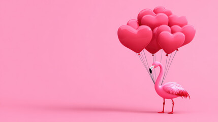 Flamingo and Heart, Valentine's Day, A vibrant image of a flamingo holding a bouquet, designed with ample space for text, perfect for creative projects or marketing materials.