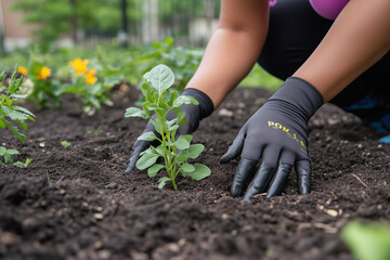 Fototapeta premium Hands Planting Young Seedlings in Fresh Soil During Gardening Activity