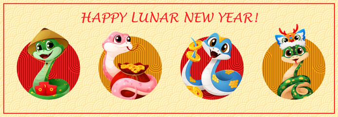 Cartoon snakes collage, 2025 Asian Chinese new year banner for Cny holiday. Cute happy reptiles in traditional festive hats holding red envelopes, gold coins and money purse celebrate prosperity