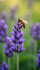 Golden honeybee hovering above delicate lavender grape clusters, botanical, field