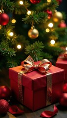 Glittering lights adorn a festively wrapped present under a Christmas tree, gift box, greenery, festive decoration