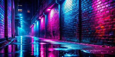 Cyberpunk Neon Alleyway: Empty Wet Street, Brick Wall Reflections, Copy Space