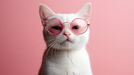 Obraz premium Stylish white cat wearing pink glasses on pink background