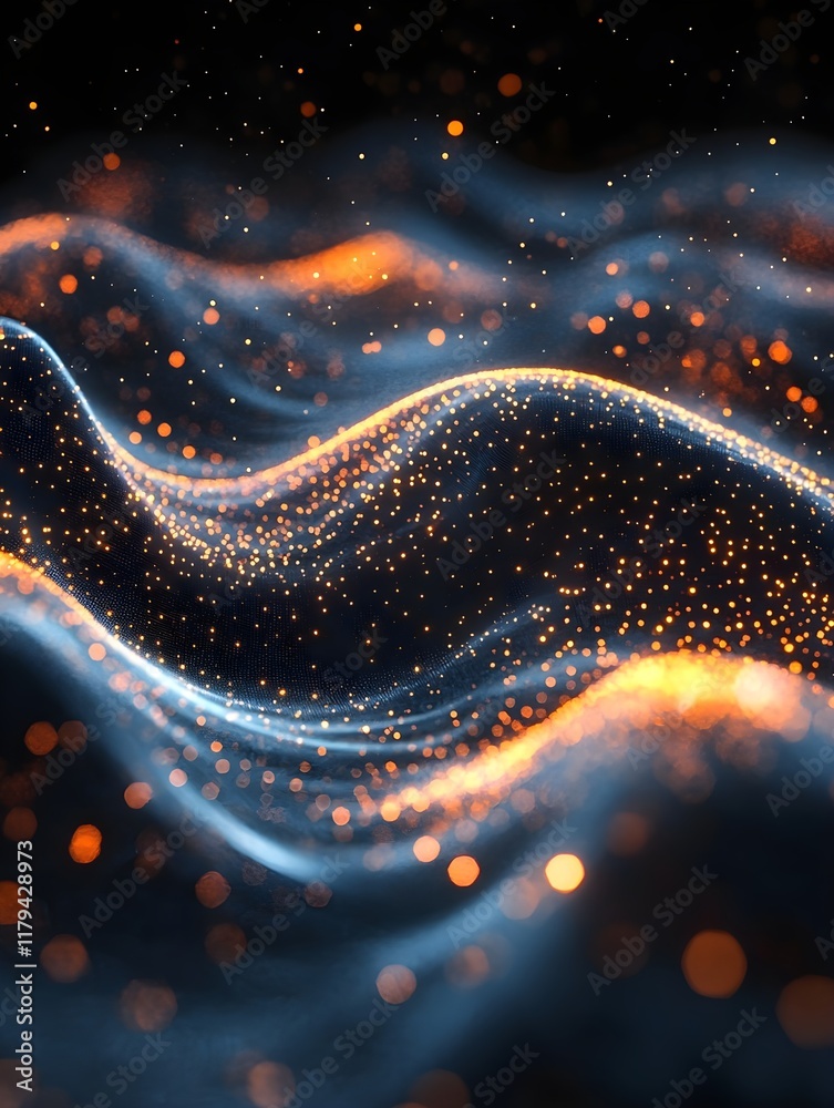 Wall mural a digital wave of tiny glowing particles in motion on a deep black canvas.