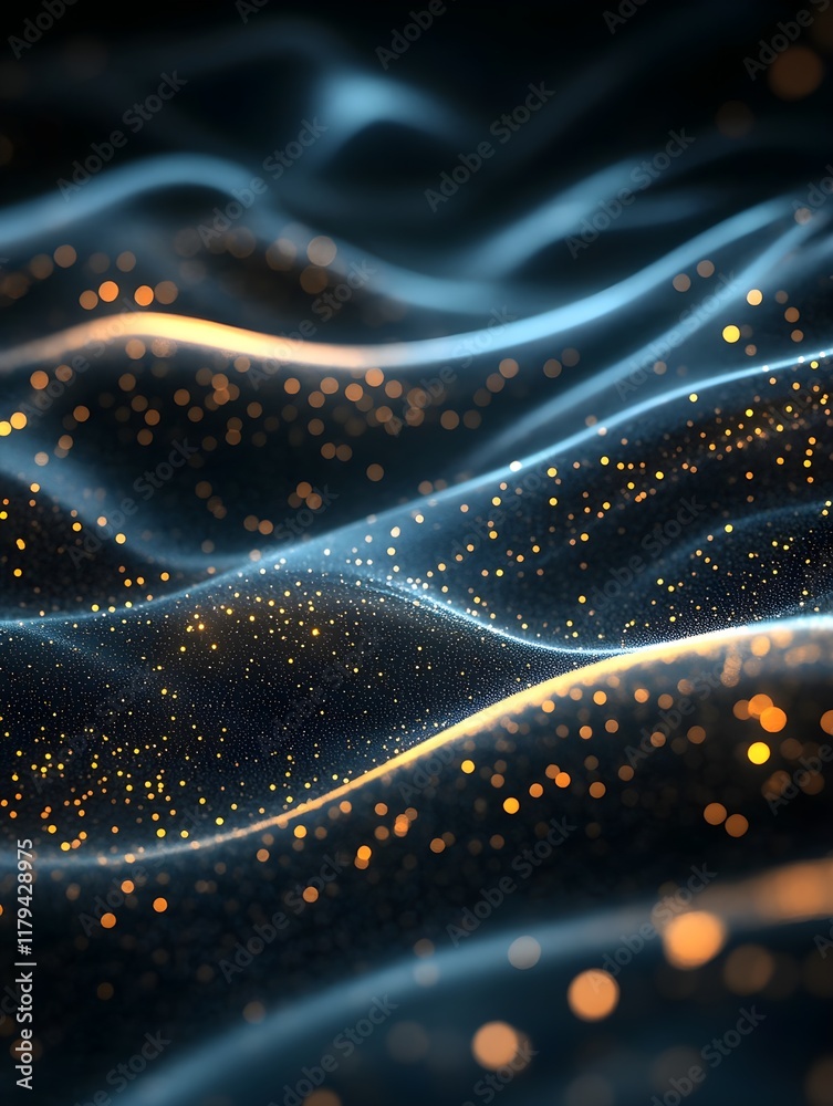 Wall mural a digital wave of tiny glowing particles in motion on a deep black canvas.