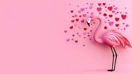Flamingo and Heart, Valentine's Day, A vibrant image of a flamingo playing with a heart, designed for text overlay, featuring high fidelity and enhanced resolution suitable for various projects.