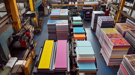 An overhead view of an art studio with large print