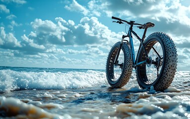 Fototapeta premium A bike on the seashore, resting on the soft sand with ocean waves crashing, a scene of fitness, motivation, and seaside outdoor adventure