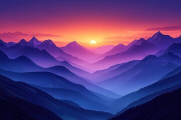 Obraz premium breathtaking mountain range panorama with dramatic sunset colors layered silhouettes of majestic peaks against vibrant orange and purple sky