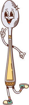Retro groovy kitchenware and utensil spoon character. Kitchen teaspoon funny vintage isolated cartoon vector character. Household silver tablespoon groovy mascot or cooking crockery cute personage