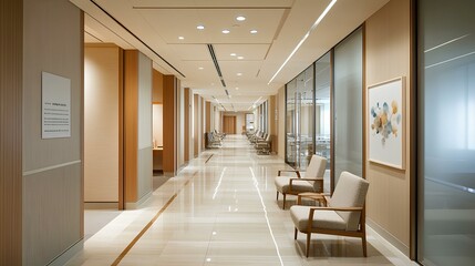 Empty hallway with minimalist interior design, featuring smooth walls, a polished floor, and an open space leading to a room