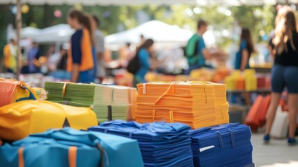 Colorful clothes on display at a bustling Japanese market, a vibrant scene of business and color