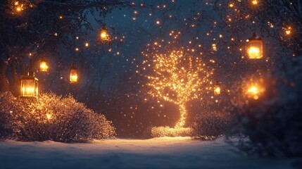 Naklejka premium festive outdoor Christmas background with a glowing tree surrounded by snowy bushes and lit by vintage lanterns.
