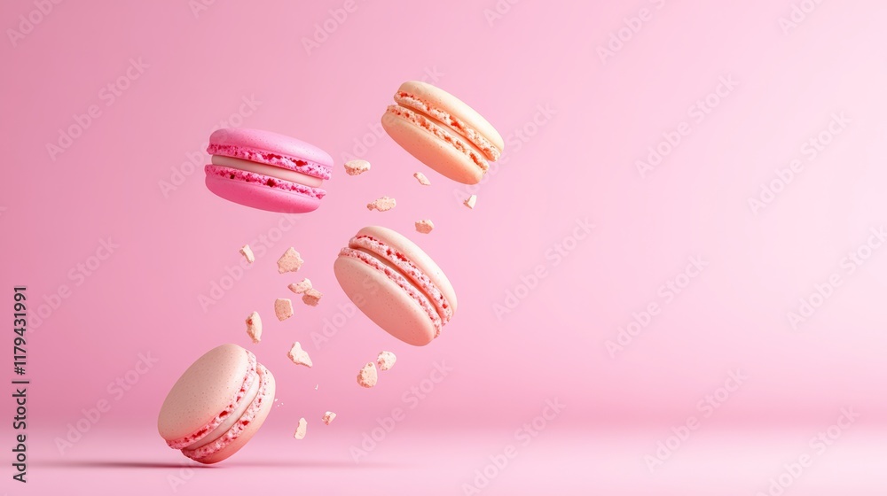 Aufkleber Four colorful macarons and scattered crumbs levitating against a soft pink background, creating a delightful scene with ample copy space for branding or advertising needs