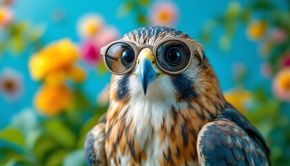 A Stunning Falcon Portrait Wearing Quirky Glasses Amidst Vibrant Blossoms